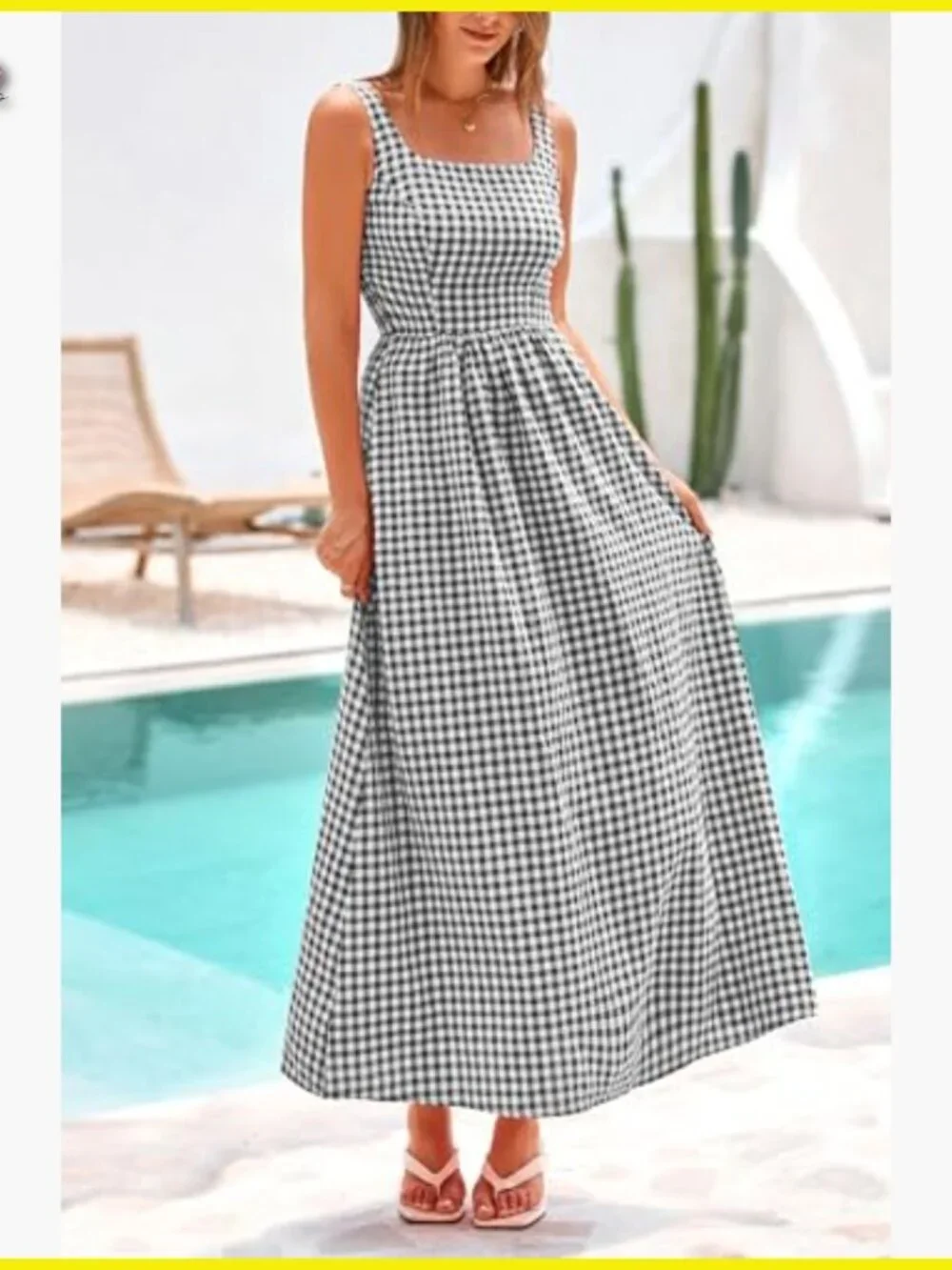 Plaid Square Neck Maxi Dress Spaghetti Strap A-Line Casual Beach Vacation